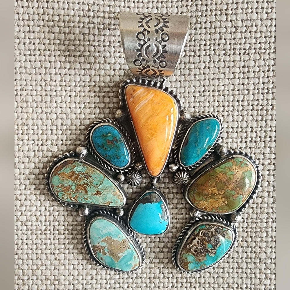 Navajo Made Royston Turquoise And orange Spiny Naja Pendant